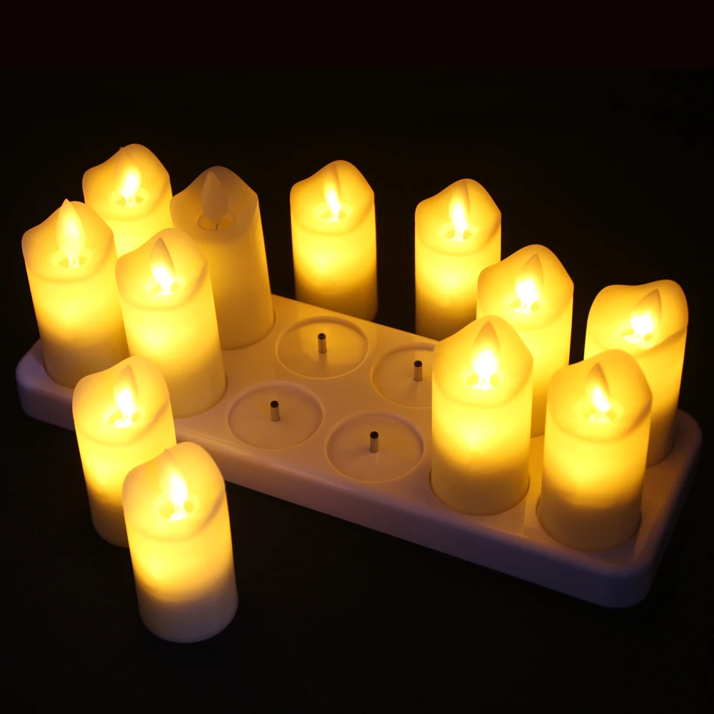 Indoor Restaurant Bedroom Decoration Set of 12 Remote Control Rechargeable Realistic Flameless LED Candles with Moving Flame