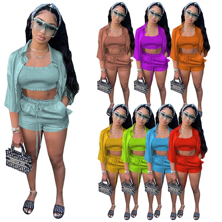 2023 summer new arrivals spring 2022 women s clothing Solid color Tank Top biker shorts sets summer clothes 3 piece set women