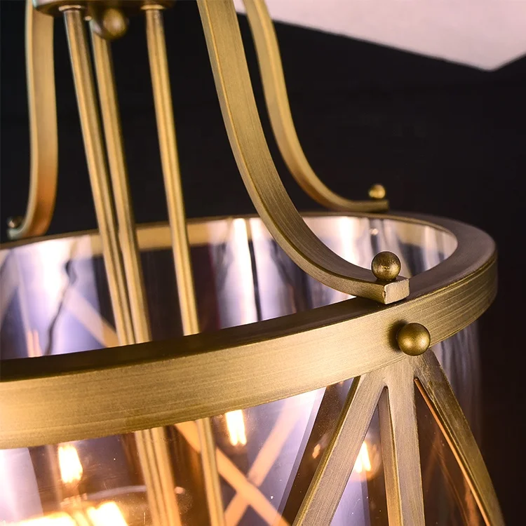 Contemporary european style indoor decorative with antique brass iron frame clear glass shade led chandelier pendant light