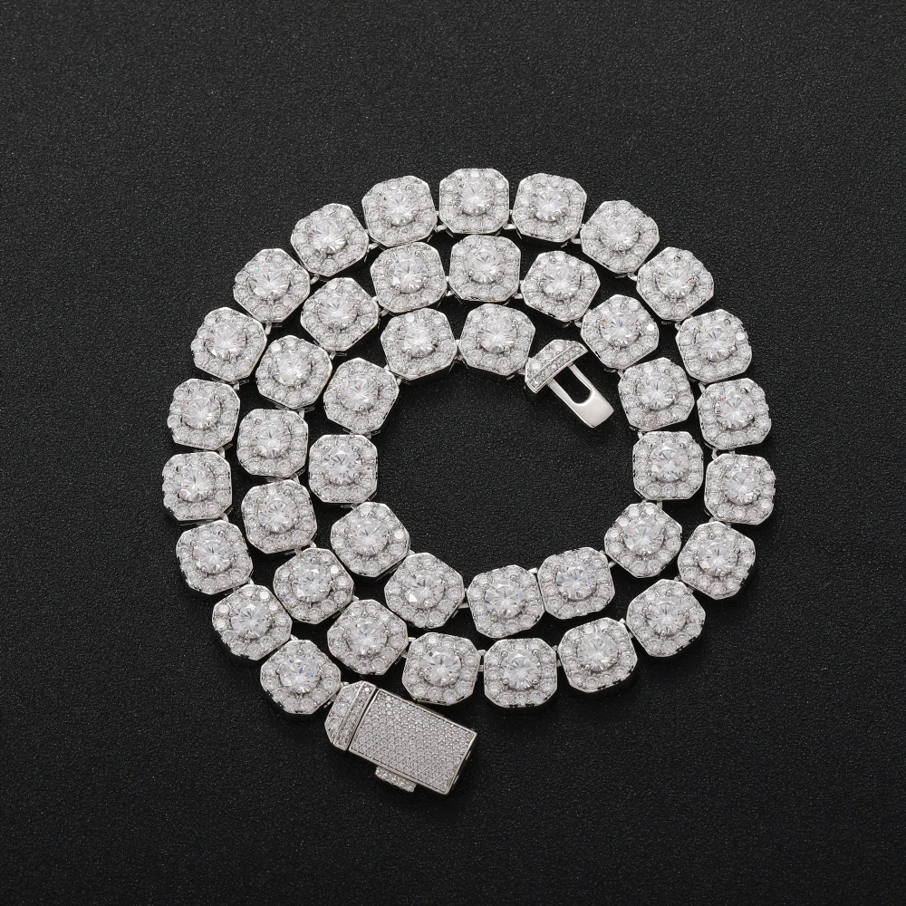 BC036 10mm Brass Setting Zircon Cuban Link Chain Necklace Gold Plated Hip Hop Bling Jewelry Gift Pearl Main Stone Iced CZ Chain