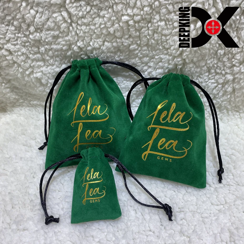 Deepking Gold Logo Custom Print Pouch Drawstring Pouch For Jewelry Velvet Satin Bags