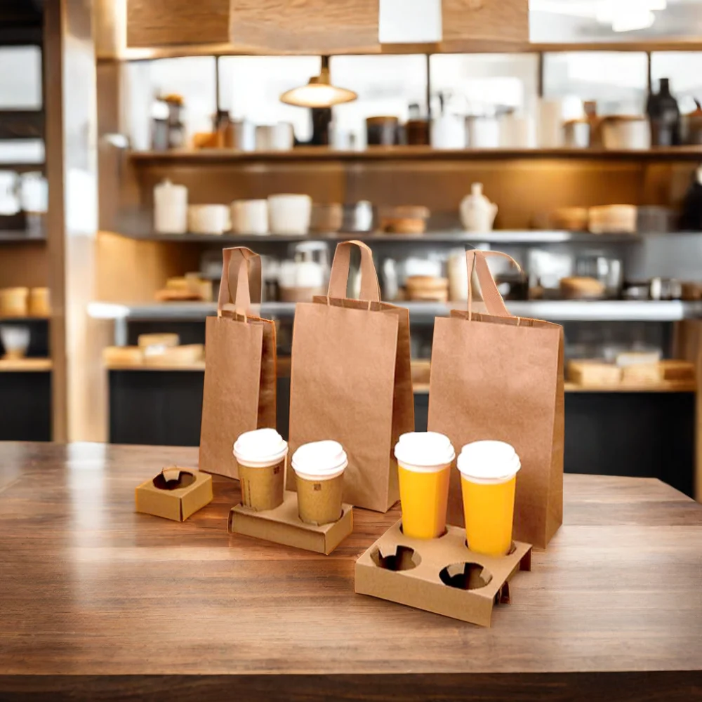 AT PACK Brown Paper Coffee Bags 1/2/4 Cups Coffee Takeout Twisted Handle Kraft Paper Bags For Coffee Shop