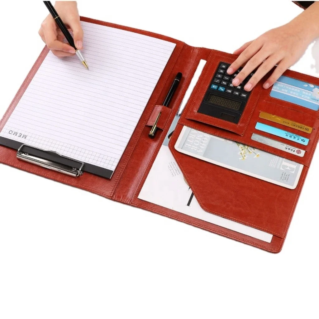 Durable Custom Your Own Large Leather Portfolio with Clipboard Document Holder with Calculator