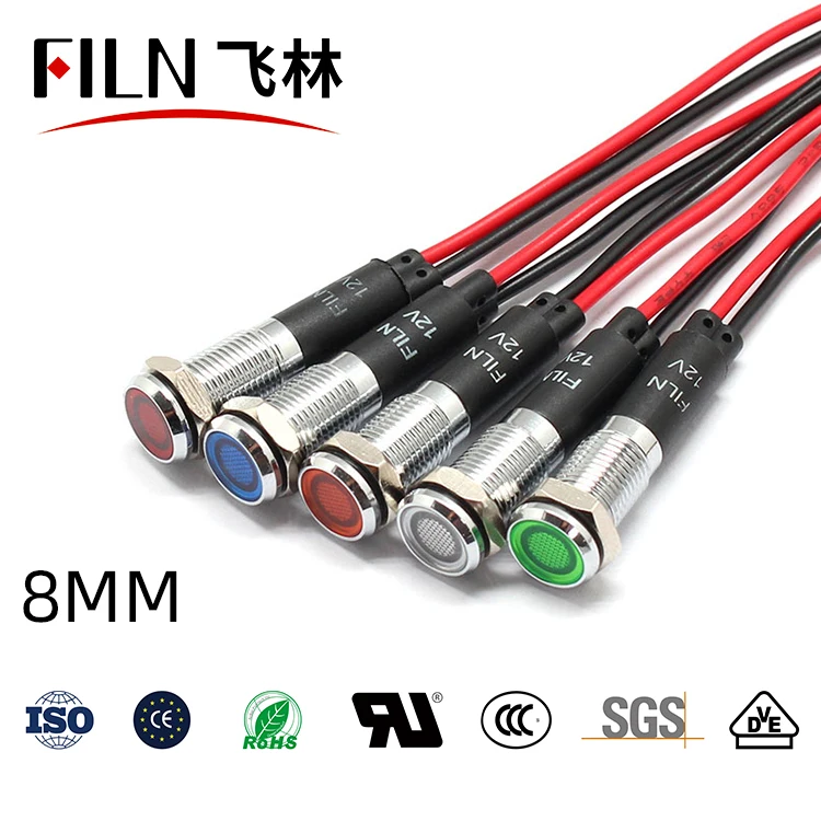 FILN 8mm waterproof flat head 12v yellow green blue metal led emergency indicator light with cable