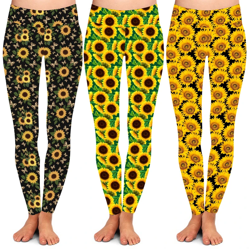OS TC 92% Polyester 8% Spandex Brown Sunflower Flowers Buds Leaf High Waist Elastic Waist Sunflower Flower Print Leggings