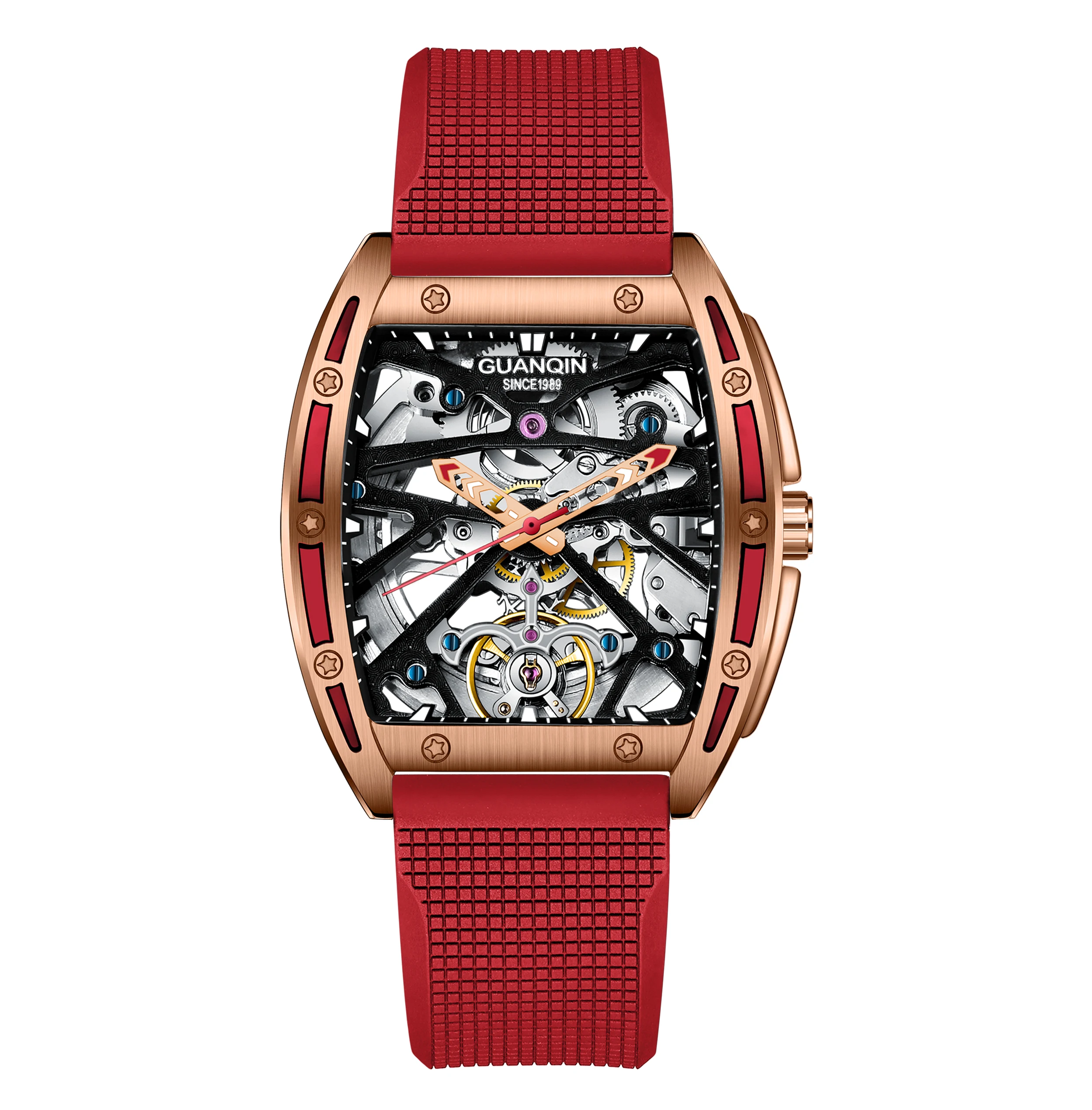 GuanQin Mechanical Red Rubber Richard Skeleton 5 ATM automatic sapphire men watch