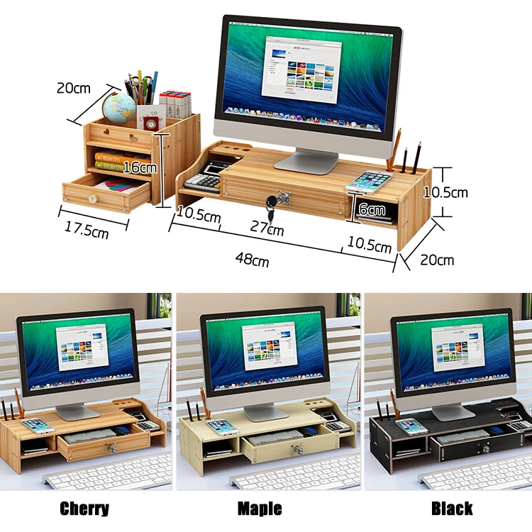 Wooden Monitor Stand Computer Riser with Storage Organizer Drawers,  4-Tier Storage compartment Pen Holder