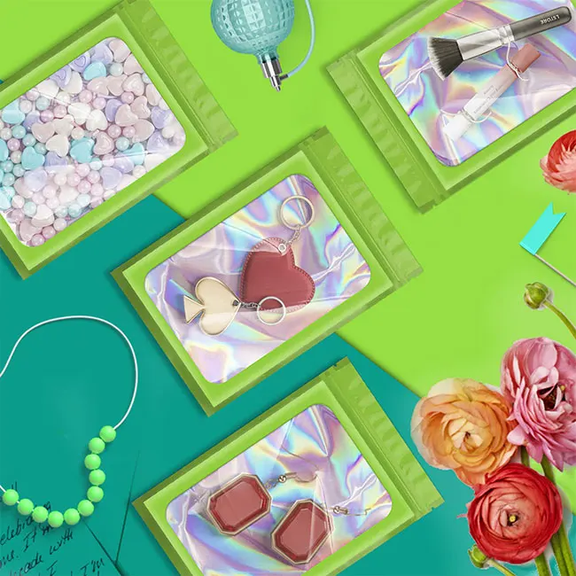 Custom Logo Ziplock Resealable Smell Proof Holographic Glitter Zip Lock Mylar Plastic Bags With Windows Green For Jewelry