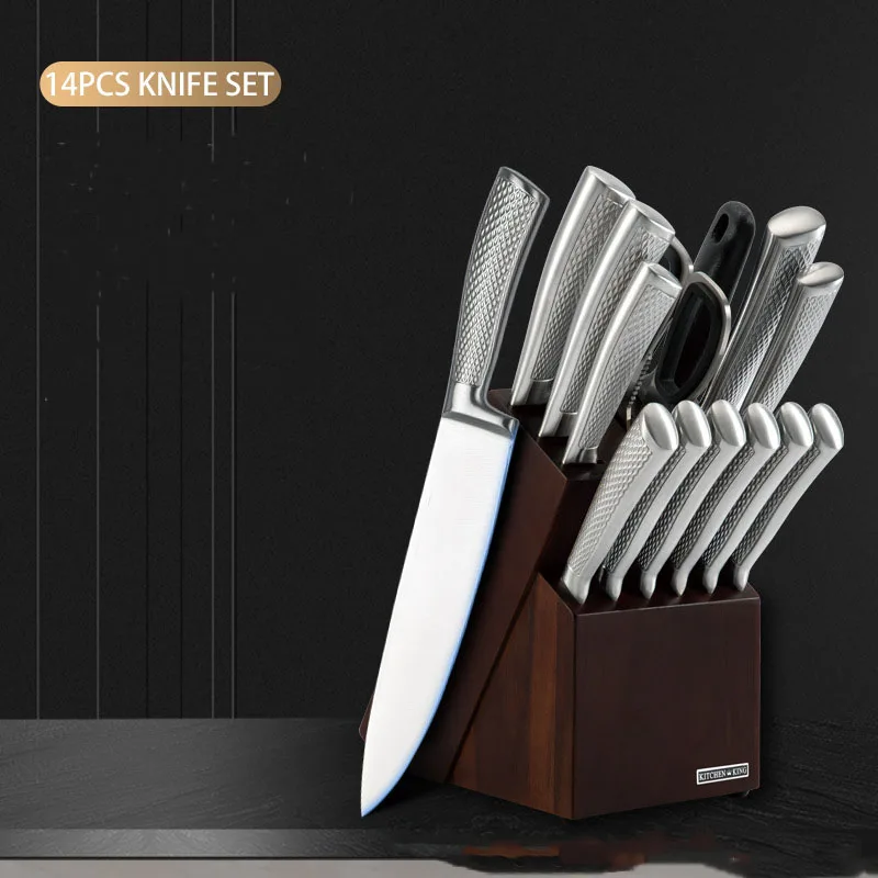 Stainless steel 14-piece knife set All steel knife set Acacia wood knife holder combination