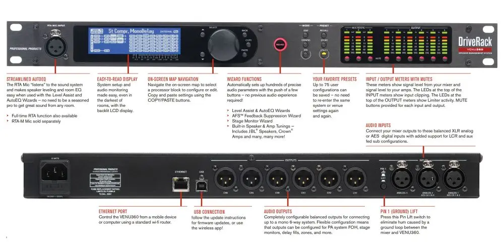 VENU360 Dbx Driverack Professional Audio Processor 3 In 6 0ut Audio Processor Sound System Digital Music Audio Processor