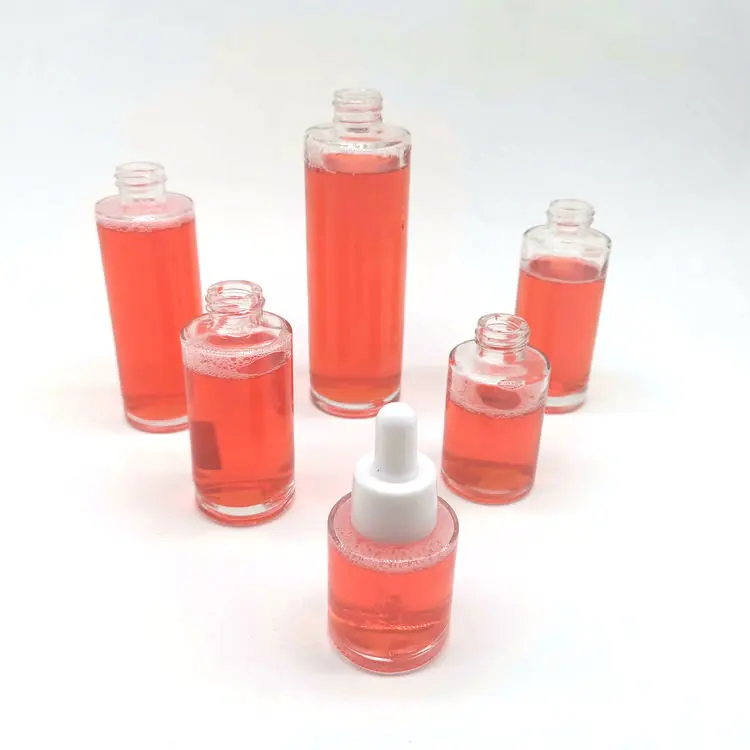 wholesale 20ml 30ml 40ml 50ml 60ml  90ml 100ml round straight glass lotion bottle with pump sprayer glass dropper