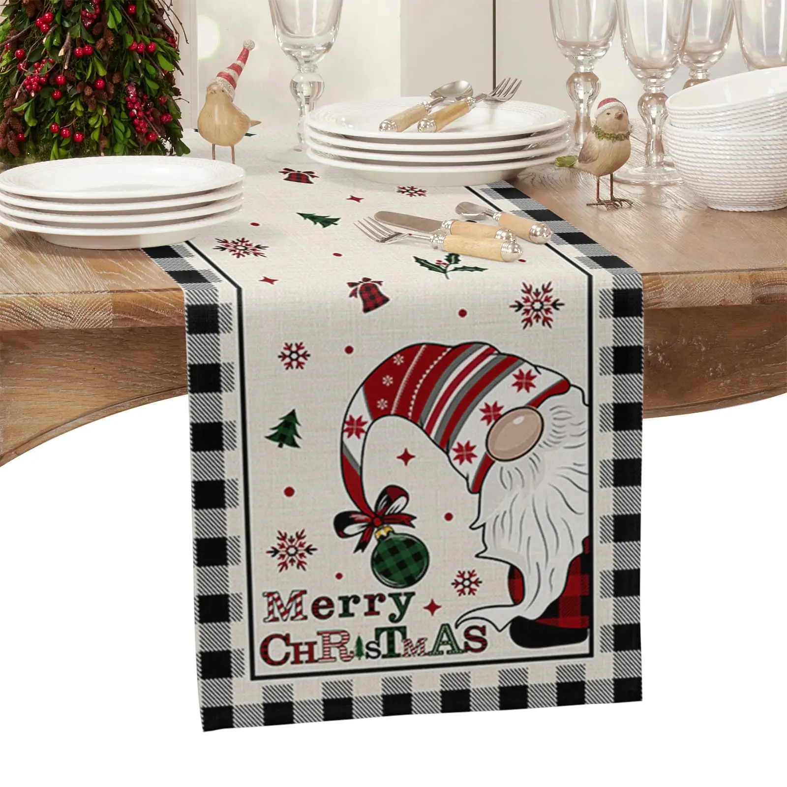 Indoor Dinner Cheap Custom Made Printed Cotton and Linen Fabric Merry Christmas Ornament Table Runners