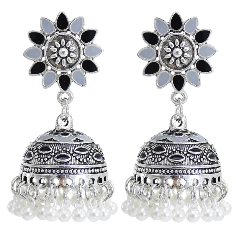 Antique India Jhumka Jhumki Flower Carved White Beads Tassel Earrings For Women Boho Ethnic Big Bell Drop Earring Jewelry Gifts