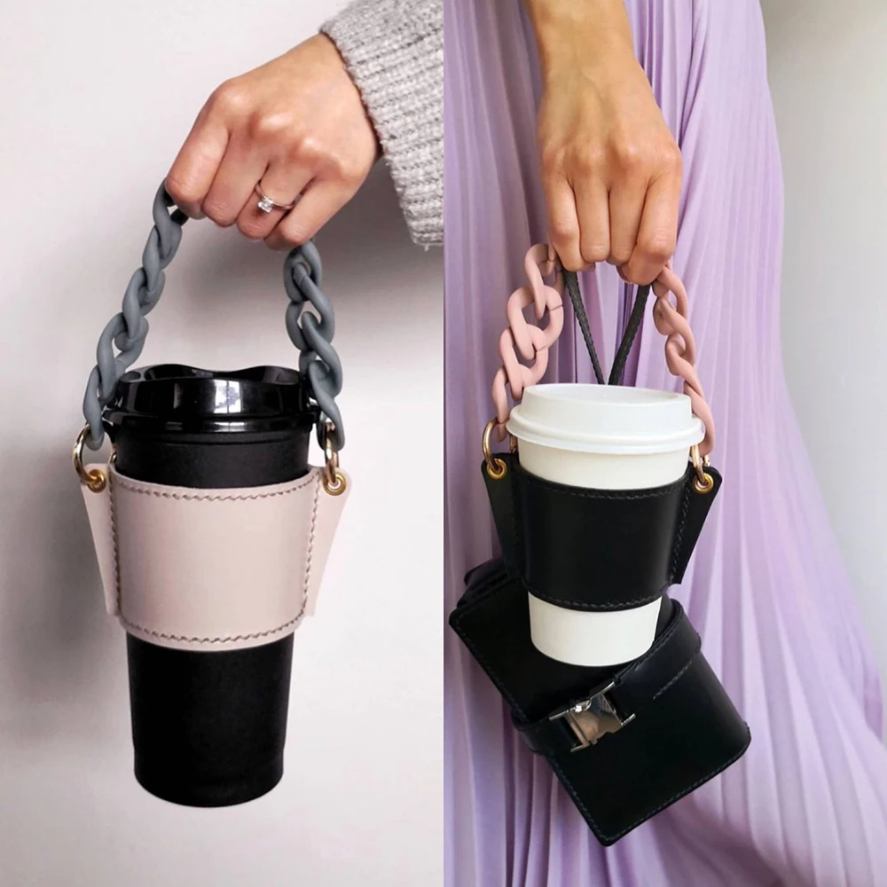 MELLON Fashion PU leather  and portable removable colored acrylic chain hot coffee cup sleeve holder for hot cup