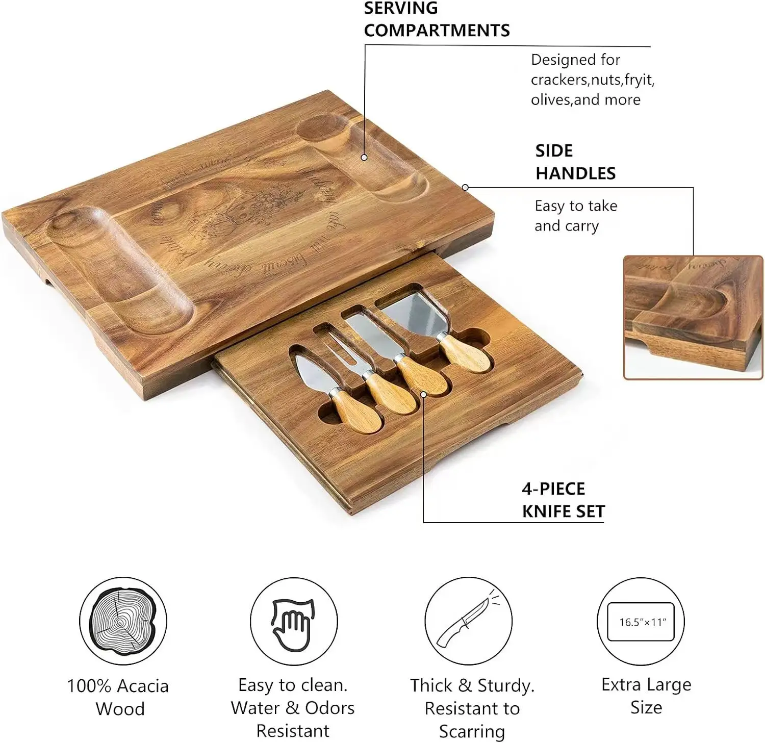 Wholesale high quality Acacia cheese cheese board vegetable bread service tray with cheese cutter