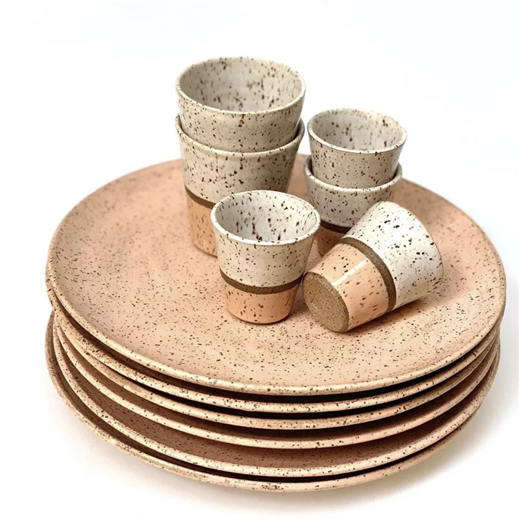 Simple marble texture round hotel cutlery polka dot family restaurant decorative ceramics plates sets dinnerware