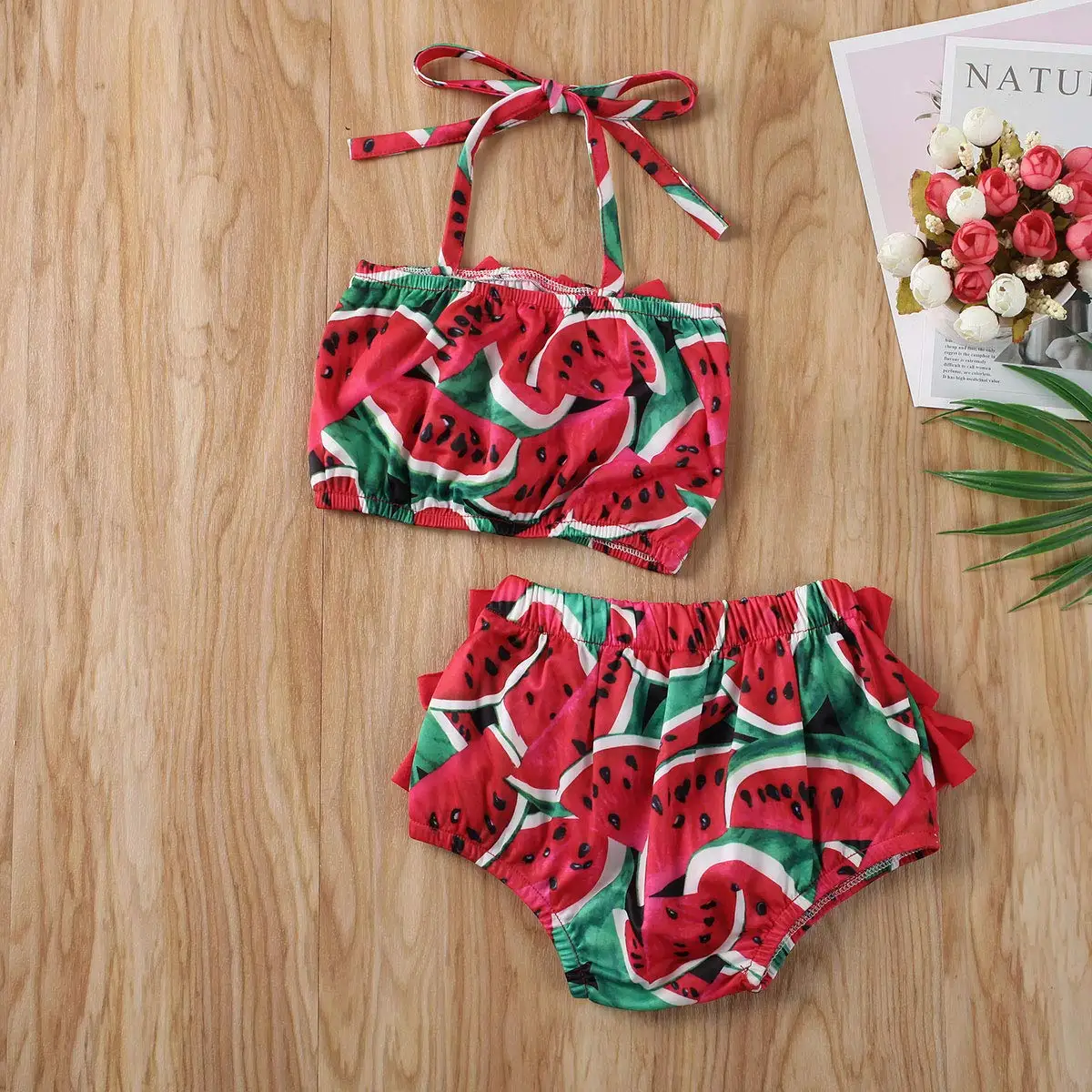 Customized Printing Little Girls Swimsuits 3 Piece Girl Watermelon Ruffles Bathing Suit