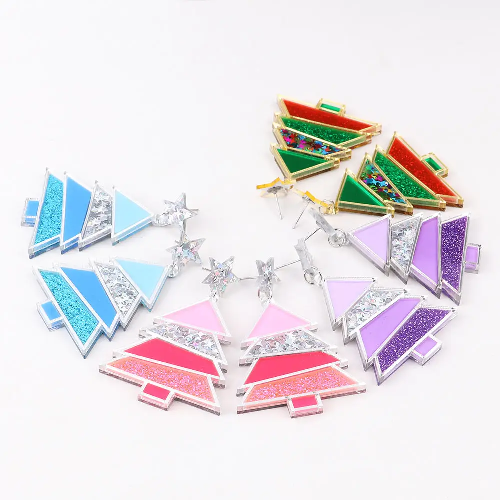 Ins Cute girly Jewelry Christmas glitter Star Moon Romantic pink purple colorful Mirror Christmas Tree earrings Gifts