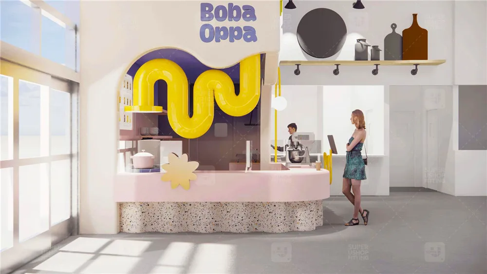 Modern Sweets Boutique Furniture Milk Boba Tea Mall Kiosk Coffee Bar Counter Customized Bubble Tea Shop Interior Design
