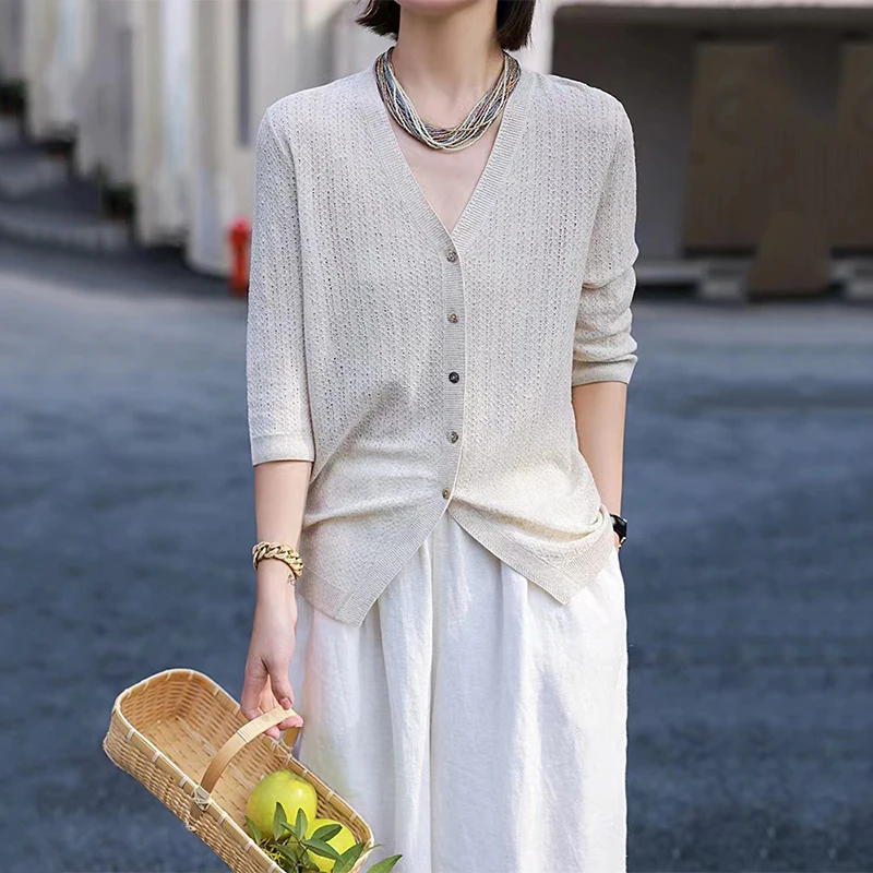 Knitted Sweater Cardigan Soft Elegant V-neck Long Sleeve Wholesale Linen for Women Casual Standard Embossed Embroidered Spring