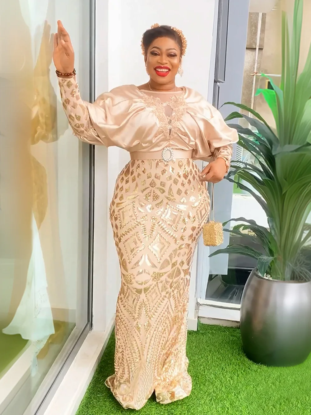 Dubai Muslim Abaya African Dashiki Dress Plus Size Mesh Lace Ruffle Long Sleeve Beaded Sequins Ladies Wedding Party Gown Dress