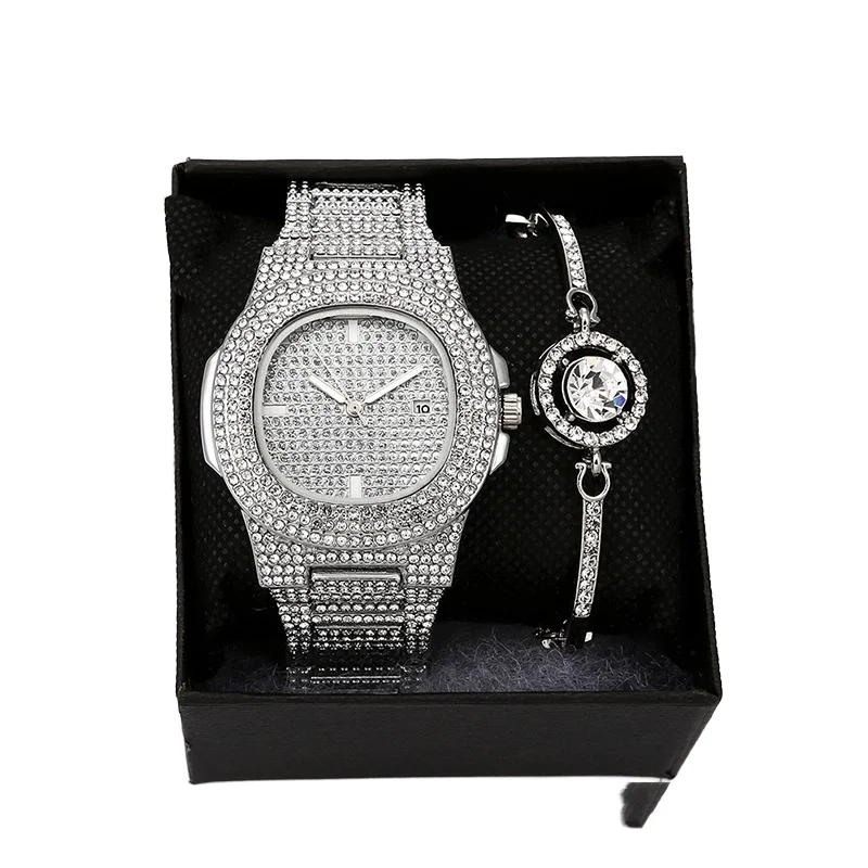 E-15 Diamond Fashion Watches Bracelet Set With Box Montre a calendrier en diamant Bracelet de mode en or 2 pieces avec boite