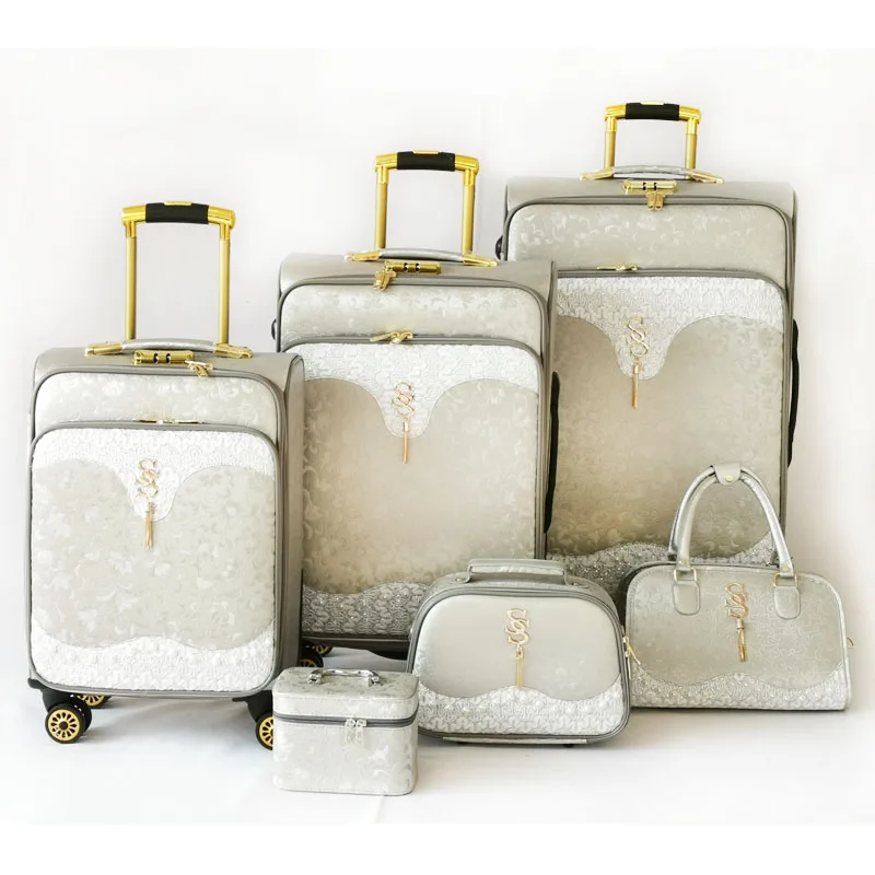 beige color pu leather eva valise trolley with tote bag 4 wheel travel bag 3PC suitcase sets