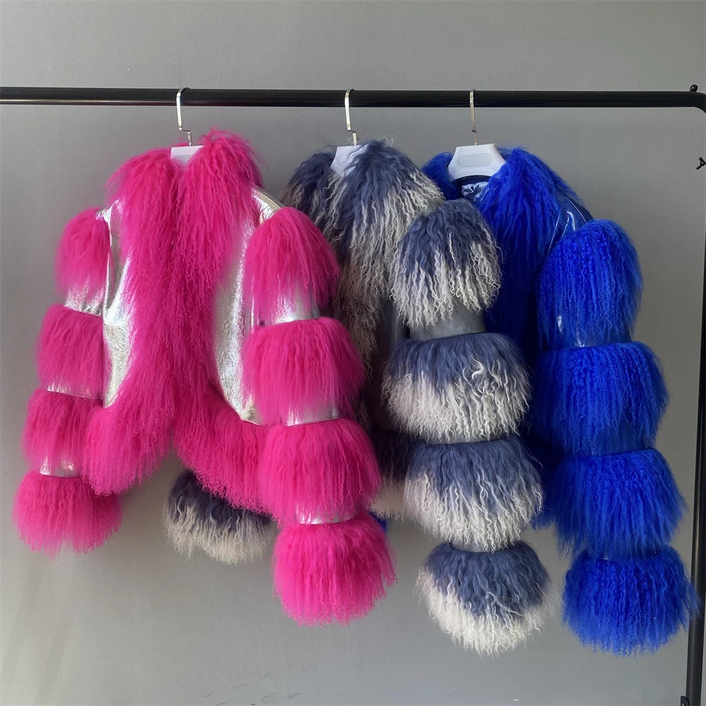 Wholesale Luxury Lamb Sheepskin Jacket Soft Fluffy Real Mongolian Fur Collar Custom Logo Winter Genuine Leather Coats for Women