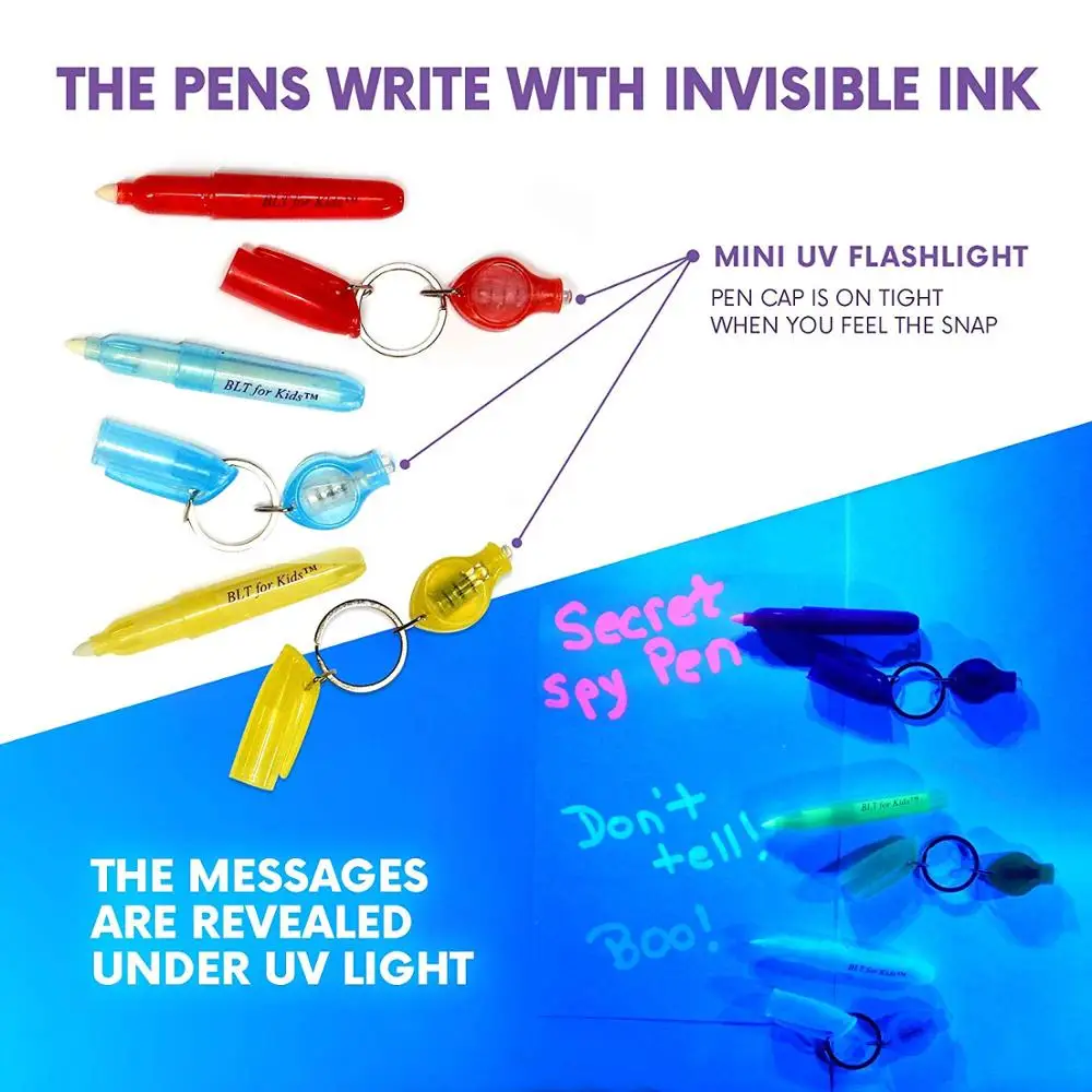 Spy Pen Black Light UV LED Party Kit - 9 Spy Pens 3 Unique Invisible Ink Colors to Light up with UV Flash Lights - 6 Fluorescent