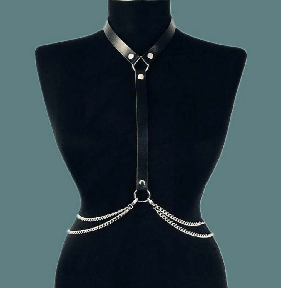 Sexy PU Leather Women Harness Body Chain Chest Lingerie Belt Pastel Goth Suspender Neck Waist Bondage Underwear Garter Belt