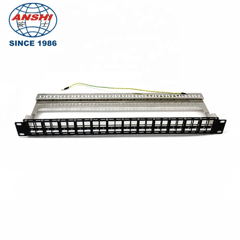 ANSHI  Unloaded 1U 48 Port 19 inch CAT5E CAT6 CAT6A Shielded STP Patch Panel with Cable Management