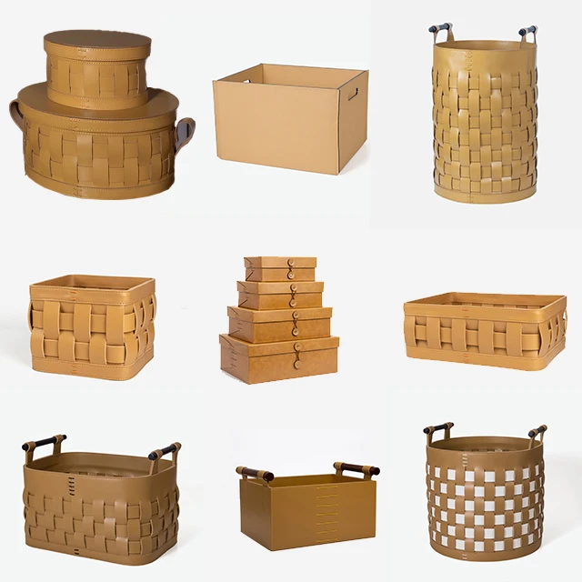 Wholesale custom PU or real cow Leather woven Storage box Basket with handle Organizer Home Decor clothing storage containers