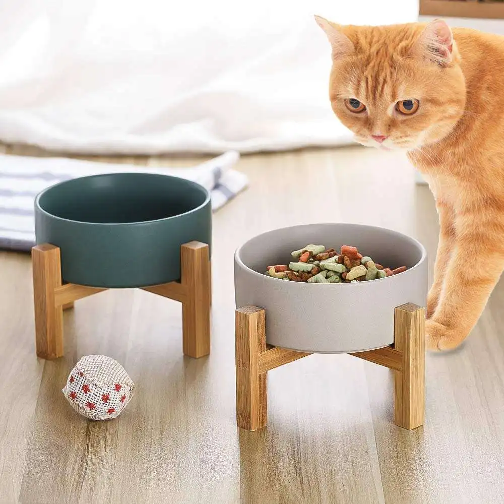 White Ceramic Elevated Raised Cat Bowl Cat Food Dish with Bamboo Stand Bowls Anti Vomiting Pet Bowl