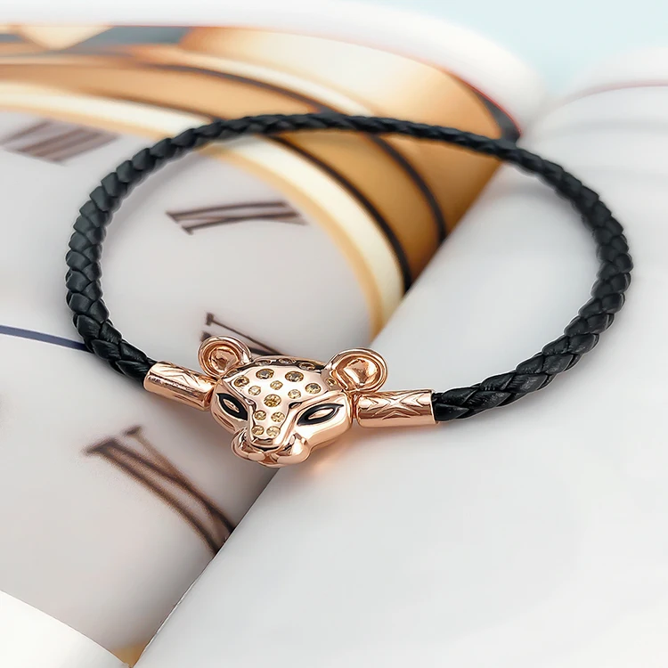 925 sterling silver Rose Golden Lion head Leather Bracelet  fit  charms bracelet women DIY Jewelry