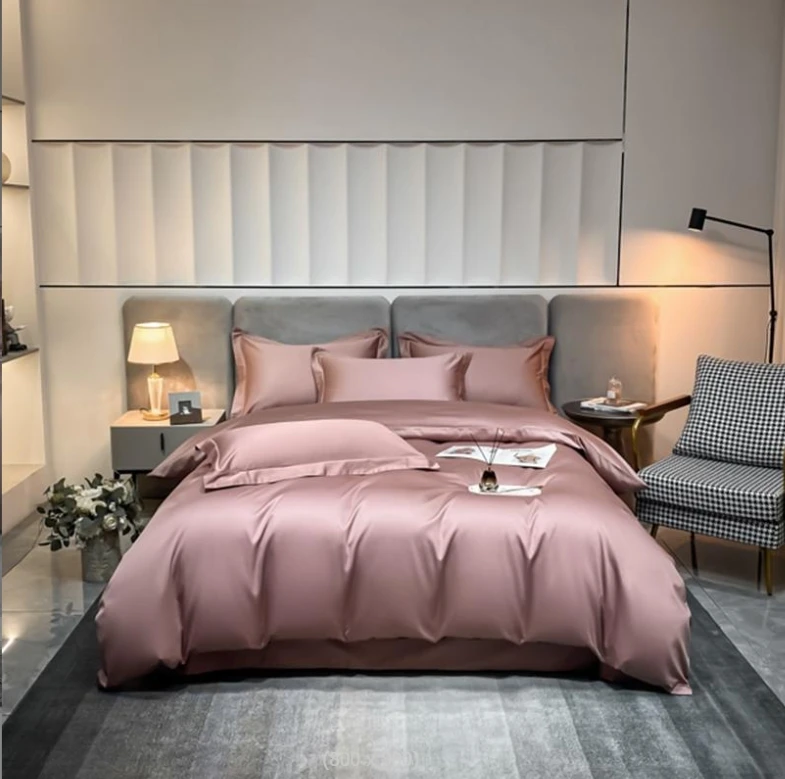 Wholesale Customized Logo Long-Staple Bony Cotton Pink 4PCS Bed Set Bedspread Bed Sheet Pillow Cases for Hotels