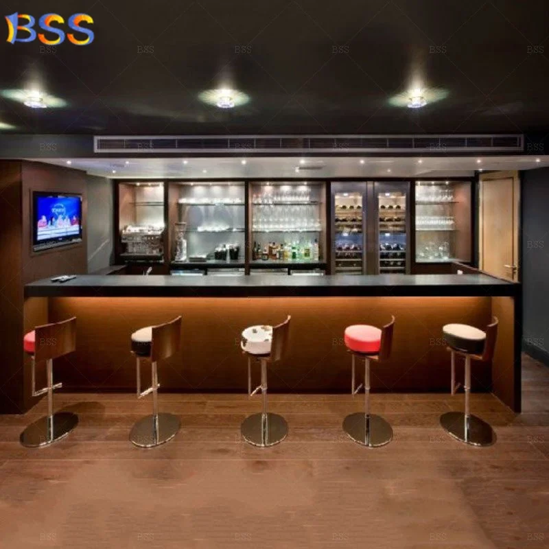 Home Bar Supplier Prefabricate Hot Sale Nice Exclusive OEM Premium L Sharp Wood Marble Home Bar With Wall Wine Shelves