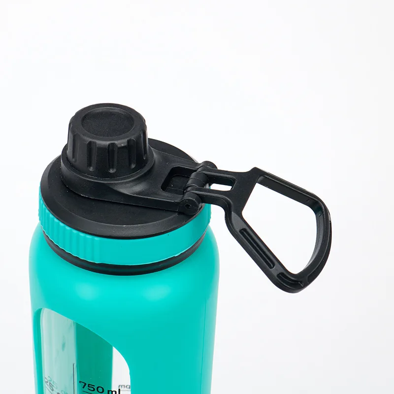 32 oz BPA Free Wide Mouth Leakproof 1 Liter Motivational Glass Water Bottle with Time Marker and Black Silicone Sleeve