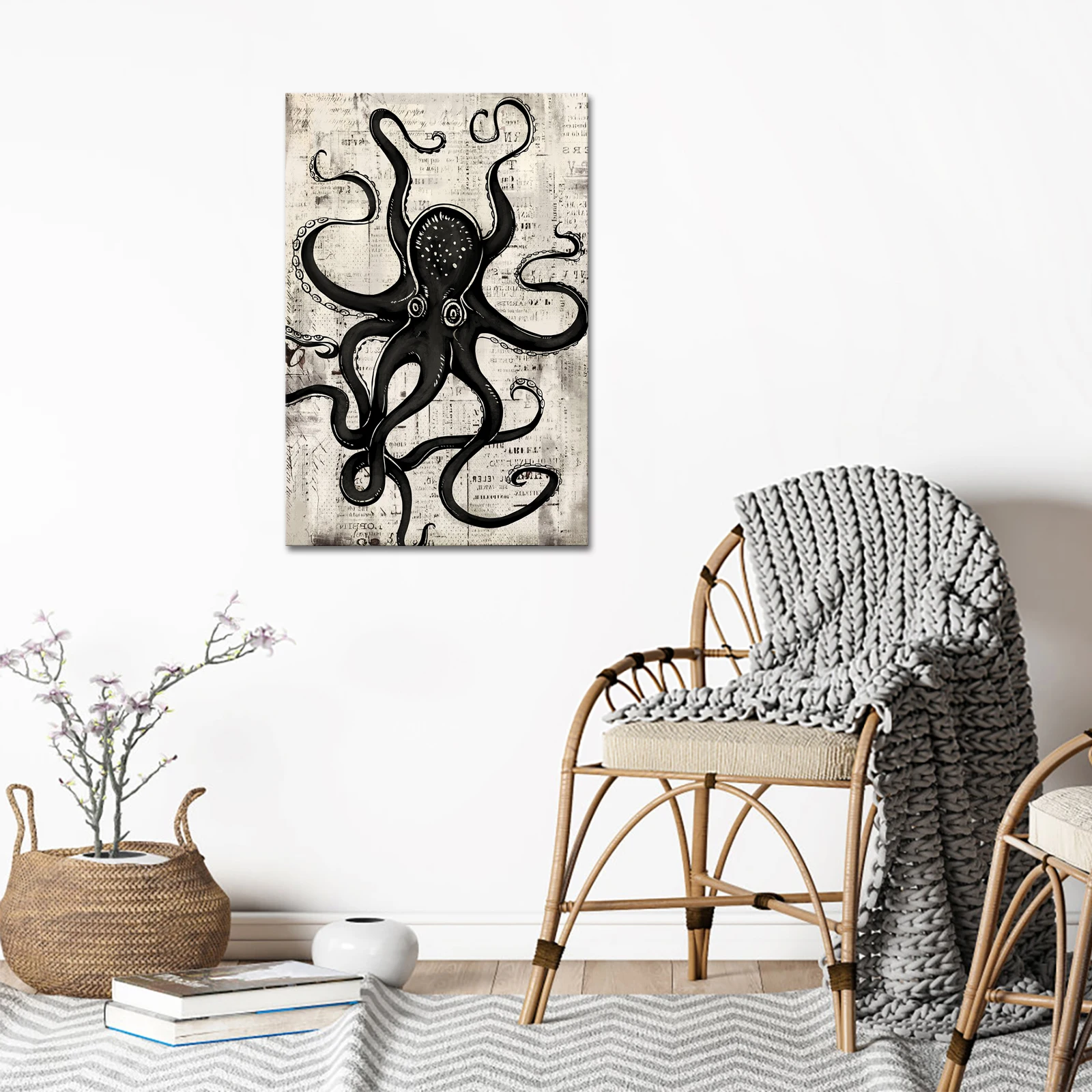 Factory Wholesale Abstract Black Sea Animal Octopus Painting Printed Canvas Wall Art for Living Room Wall Decor