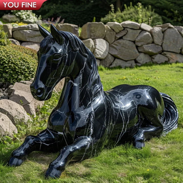 Outdoor Garden Natural Stone Animal Half Black Marble Horse Statue