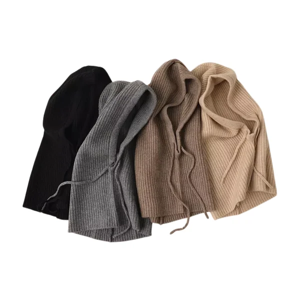 Custom Women Beanies Pure cashmere balaclava Winter hats cute drawstring rib knitting cashmere beanies balaclava