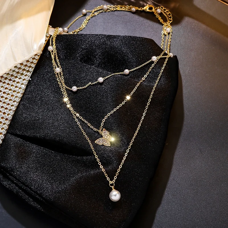 Retro hip hop layer pearl gold rhinestone butterfly necklace for women