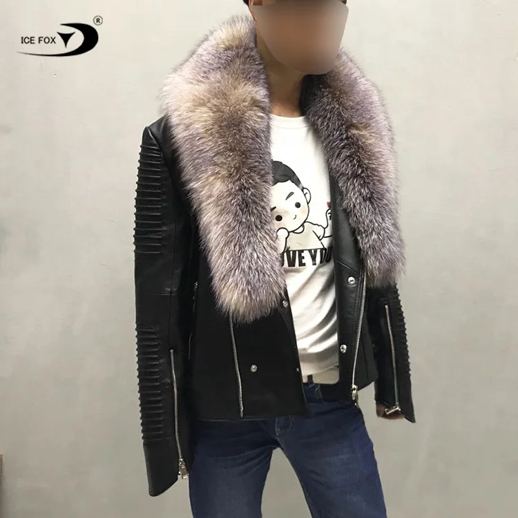 Wholesale Outer Pockets Real Soft Sheepskin Leather Zipper Black Men Motorcycle Leather Jacket