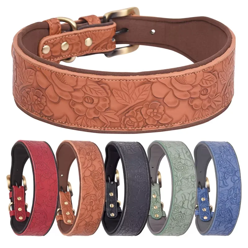 Vintage Popular Luxury Leather Pet Dog Collar with Custom Embossing Floral Pattern