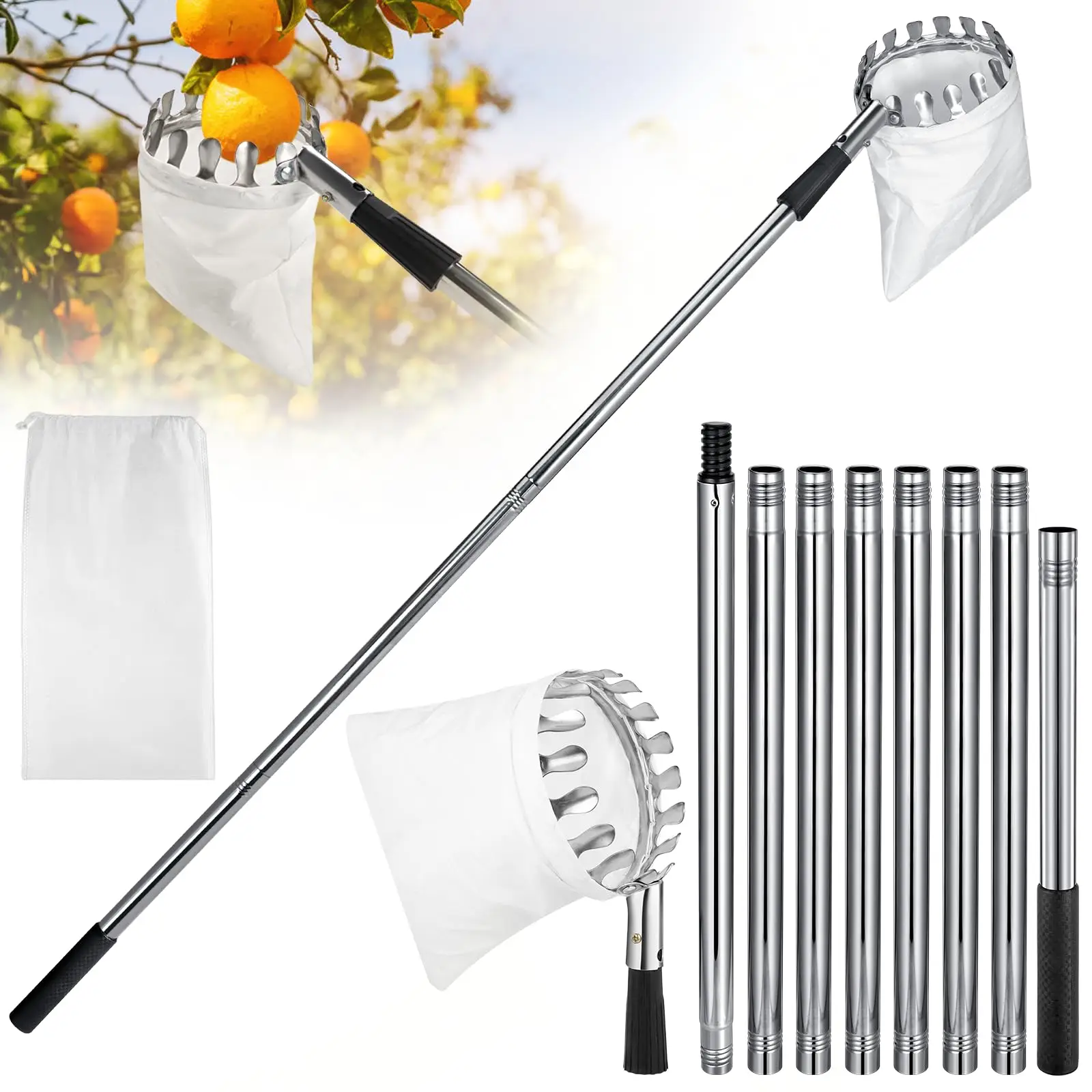High Quality Adjustable Telescoping Fruit Picker Pole Big Non Woven Basket Fruits Catcher Tree Picker for Apples Mango