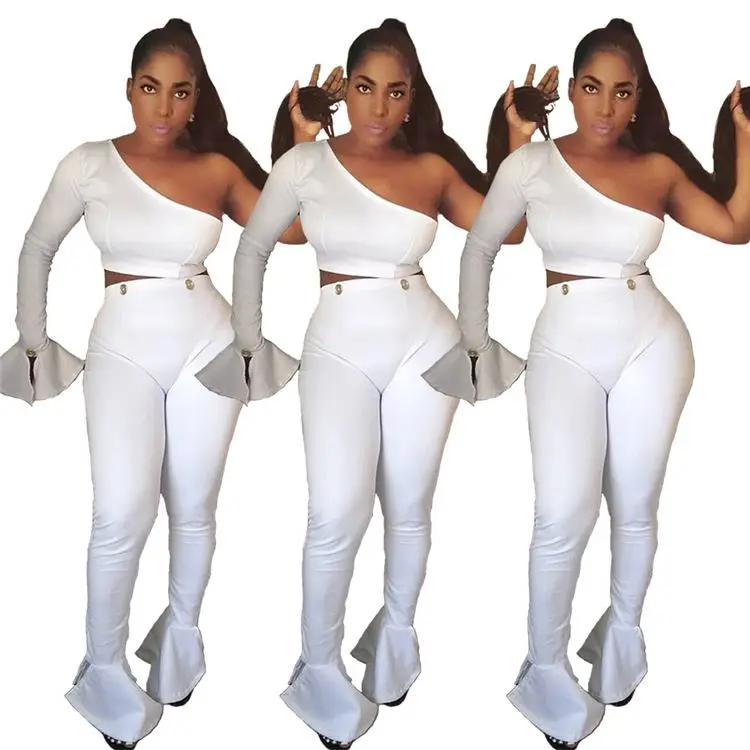 
0819M274 best selling asymmetrical sleeve fashion sexy woman autumn two piece flare pants set 