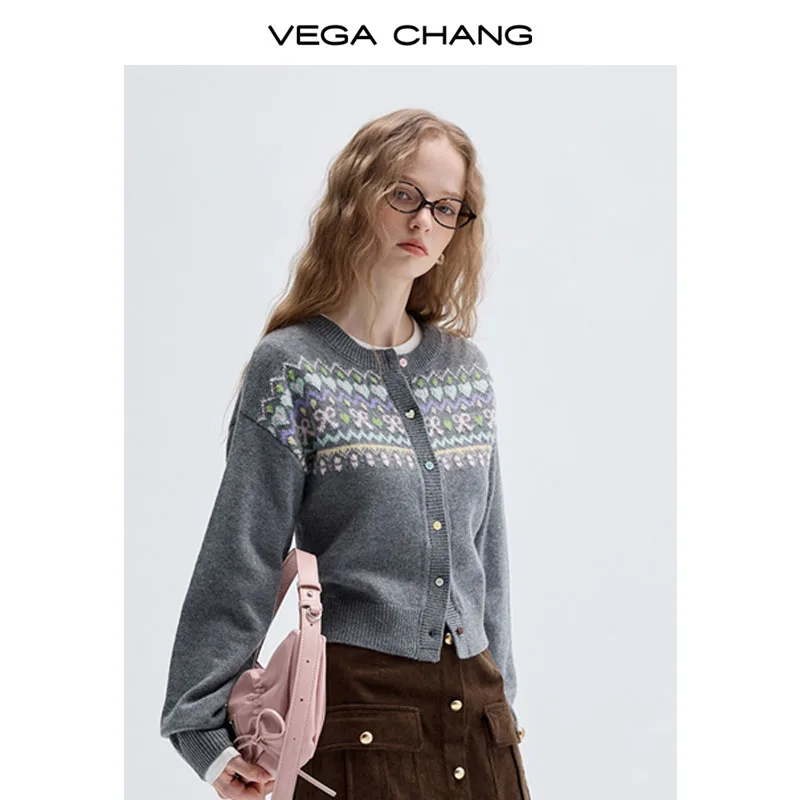 VEGA CHANG Hot Selling Soft Wool Grey Knit Fall Vintage Jacquard Cardigan Top For Women
