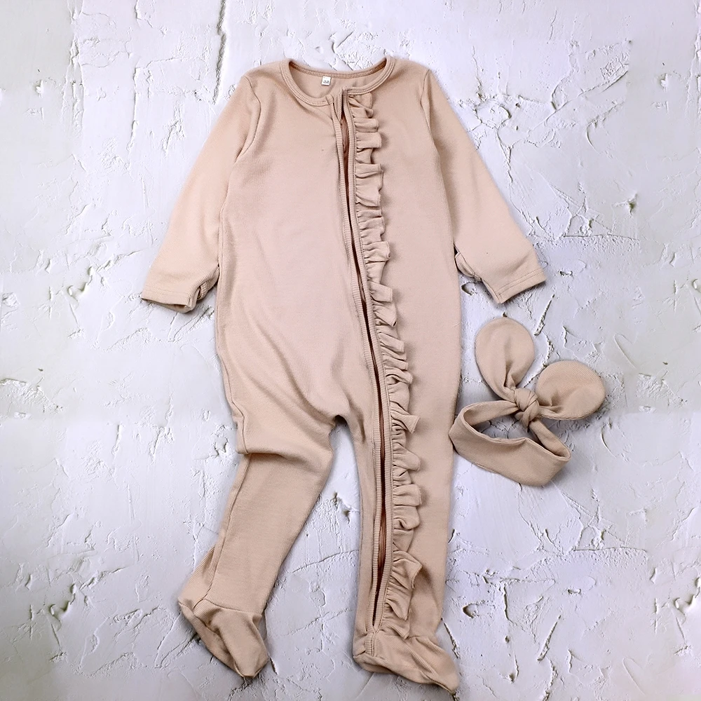 Wholesale jumpsuits Long Sleeve pajamas bamboo jumpsuits playsuits bodysuits clothes baby zip romper with headband