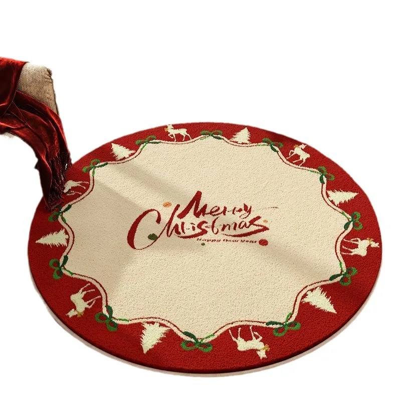 Round Christmas living room imitation cashmere floor mat, dirt-resistant absorbent non-slip mat, home study bedroom soft carpet