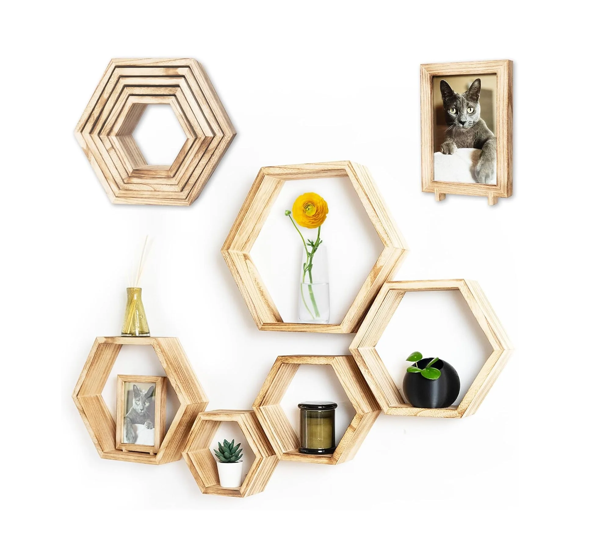 202407 Wall Decor Octagon Shelves Honeycomb Shelves for Wall Set of 5 Hexagon Floating Shelves for Wall with Photo Frame