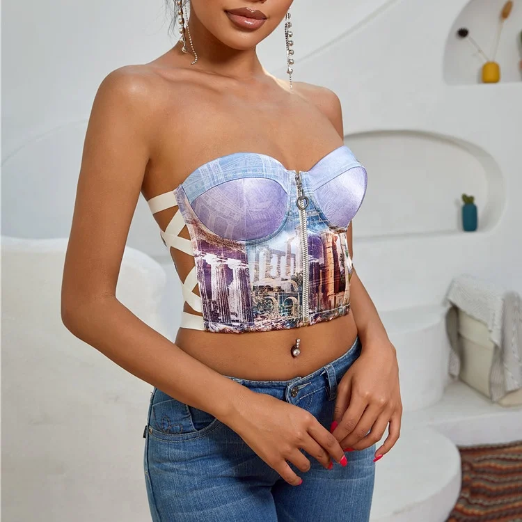 2022 Hot Sale Parthenon Print Corset Top Thick Satin Slim Fit Underwire Bra top Crisscross Side Rubber Zip Front Women Top